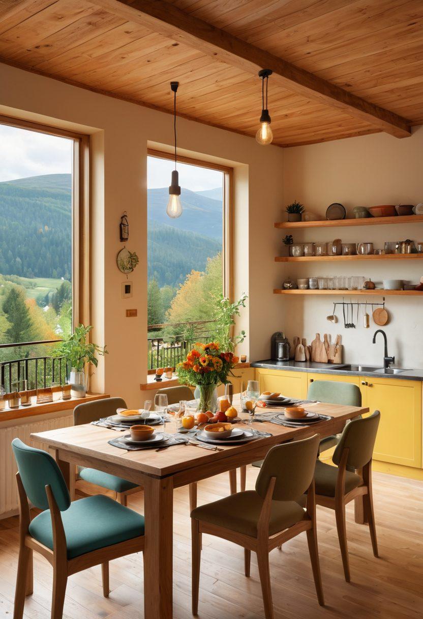 A cozy and inviting self-catering vacation rental, featuring a spacious kitchen with fresh ingredients, a comfortable living room with a stunning view of nature, and a dining area set for a warm gathering. Include elements like outdoor seating on a patio and a nearby scenic landscape that evokes relaxation and adventure. Warm lighting and vibrant colors should dominate the scene, creating an inviting atmosphere. super-realistic. vibrant colors. natural scenery.