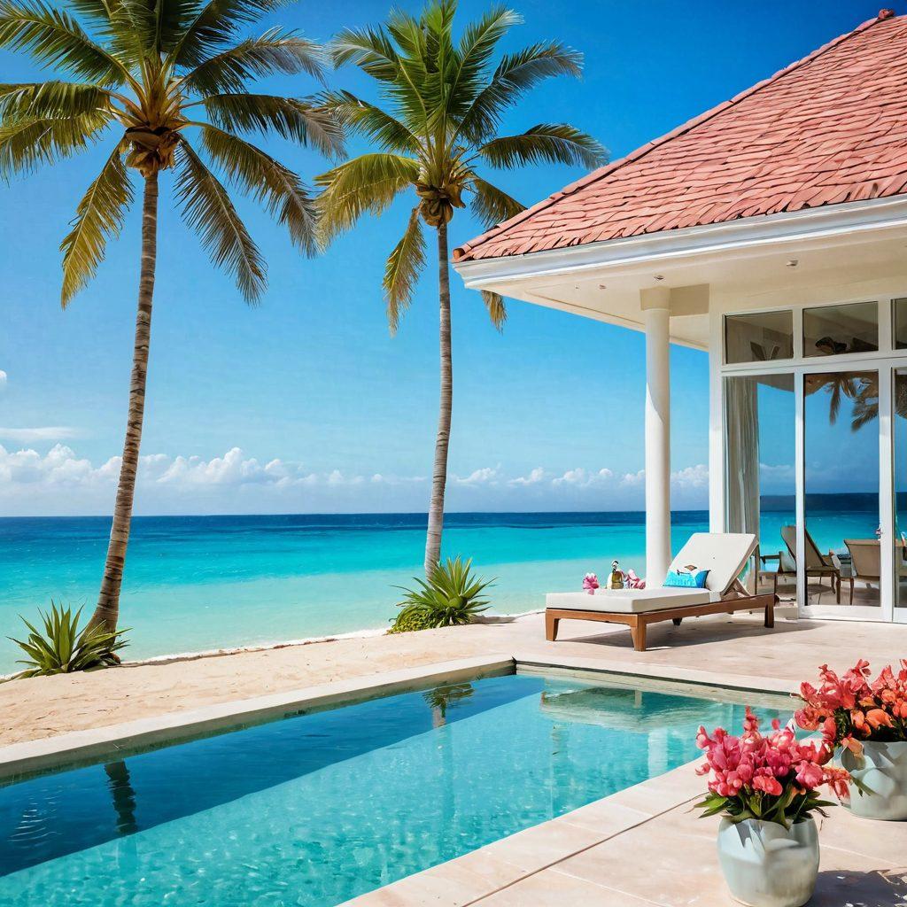A serene beach scene featuring a stunning luxury villa with large glass windows overlooking the water, surrounded by palm trees and vibrant tropical flowers. Include a sparkling infinity pool in the foreground, with a couple enjoying cocktails on a sun lounger. Add soft pastel colors for a calming effect, with a clear blue sky and gentle waves lapping at the shore. illustration, vibrant colors, super-realistic.