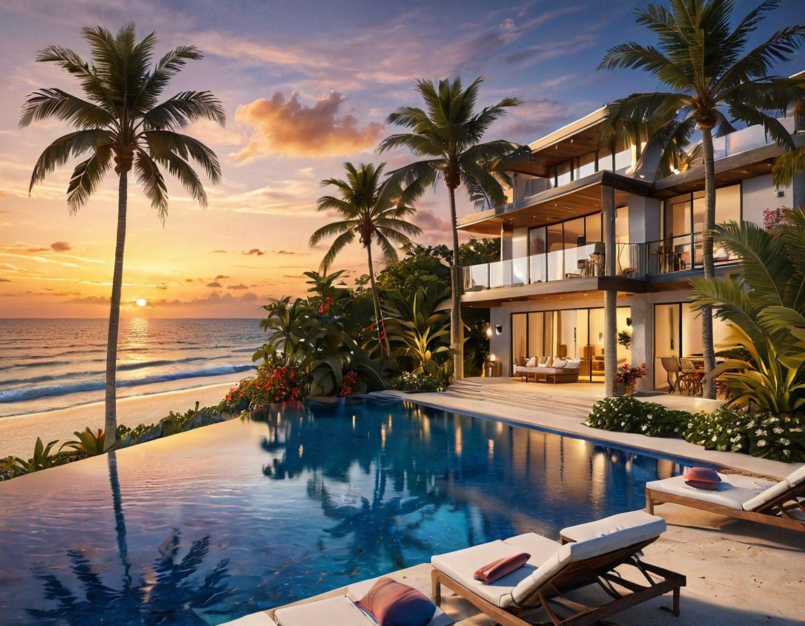 A breathtaking beachfront view showcasing a luxurious holiday rental with palm trees, clear blue sea, and golden sand, complemented by an exclusive retreat in the background featuring a serene pool and sunset glow. Include happy families enjoying the space and vibrant tropical flowers. super-realistic. vibrant colors. 3D.